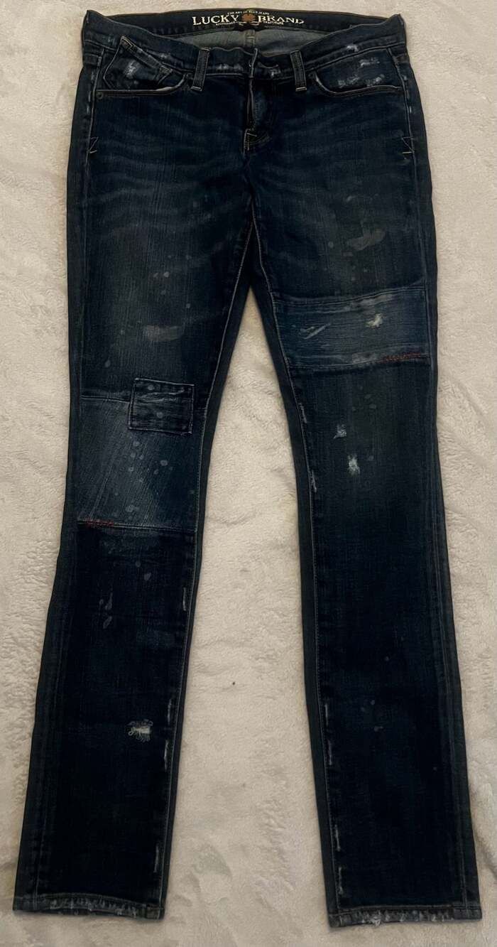 Lucky Brand Zoe Skinny Jeans Size 6 28 Dark Wash Distressed Patchwork